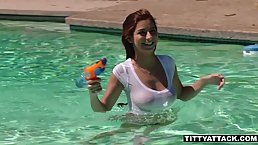 Nina North is enjoying while her handsome gardener is fucking her next to the swimming pool