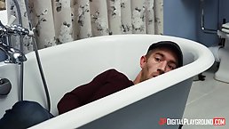 Carly and Star are being very naughty while sucking their roommate's dick, in the bathroom