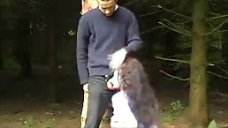 Dark haired brunette is having a quickie in the forest and screaming from pleasure while cumming