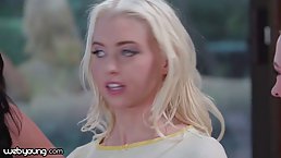 Flirty blonde babe is playing truth or dare with two lesbian friends and enjoying it
