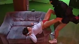Kinky chick who likes peeing in public places and a masked robber are fucking like wild animals