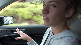 Trashy blonde chick is doing her toe nails in the living room, while being completely naked