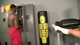 Flexible blonde bitch, Lea Lexis is getting fucked hard, by a horny black guy, while in the gym