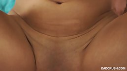 Sweet teen brunette is offering her perfectly shaved pussy to her step- father, because she is horny