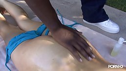 Busty brunette babe likes to get her black guy’s massive dick in her wet ass