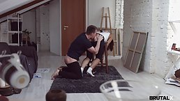 Sexy brunette girl is getting her pants ripped and rammed from behind by an aggressive guy