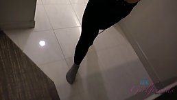 Ravishing brunette is offering her shaved pussy to a wealthy man, in his hotel room