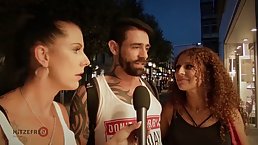 Busty, red haired lady is having sex with a stranger during a live show, in the studio