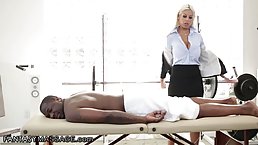 Seductive blonde woman with big, round ass and huge boobs, Bridgette B is fucking her black friend