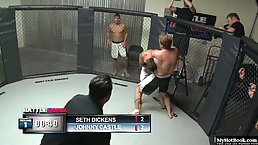 Voluptuous woman is getting fucked in a wrestling room and getting loads of cum on her face
