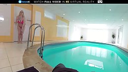 Kinky blonde with huge boobs likes to suck her partner’s big dick, while by the pool