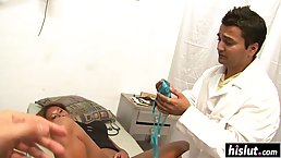 Black woman is enjoying while her naughty doctor is playing with her pussy and tits