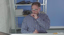 Nerdy babe likes to be pounded in her wet pussy, while on the office desk