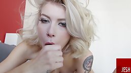 Great looking blonde babe, Arya Fae is kneeling on the floor and sucking her landlord's cock