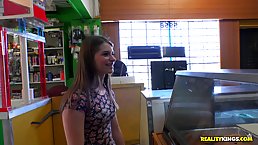 Slutty bitches like to suck a horny guy’s greasy dick, while in the local shop