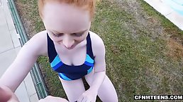 Ginger chick was desperate for a good fuck, so her swimming coach gave her a hand