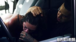 Kinky chick got fucked by a handsome stranger, in the back of his van, until she came