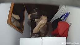 Sexy brunette got naked for a massage session and ended up having casual sex and cumming