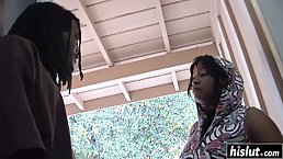 Chubby chick is riding a black dick and trying not to moan too loud while cumming