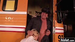 Dirty minded blonde chick is getting stuffed with a fat cock, in front of the camera