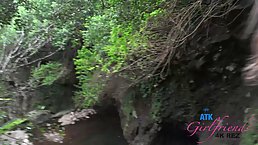 Kinky blonde chick is getting fingerfucked in the forest during the day and squirting while cumming