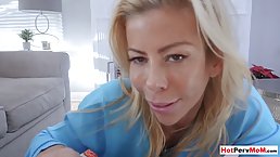 Amazing blonde woman likes to give nice blowjobs to her step- son, until he cums