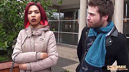 Ebony chick with red hair, Keli invited a charismatic stranger to her place to fuck him