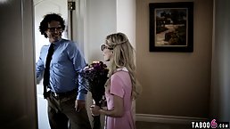 Petite blonde teen with huge glasses is about to get gangbanged for the first time ever