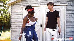 Voluptuous, black babe, Layton Banton got fucked from the back, by a white guy, Markus