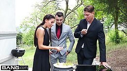 Eveline Dellai is having casual sex with two classy guys, in the middle of the day