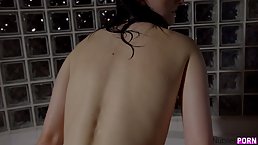 Slim teen brunette with small boobs is warming up for a good fuck in the bath tub