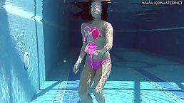 Russian brunette, Jessica Lincoln took off her pink bikini to be naked in the swimming pool