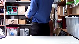 Naughty blonde chick is having casual sex with a police officer, in the storage room