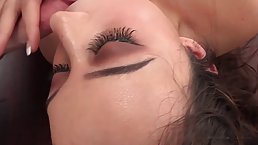 Dark haired teen girl is sucking and fucking a lucky white cock in an office room