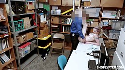 Trashy blonde teen got fucked in the storage room for cash, although she is not a whore