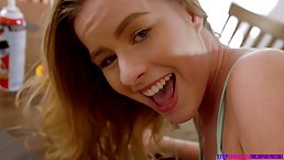 Blue- eyed blonde is moaning while getting banged on a kitchen table, because it feels so good