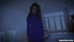 Sexy brunette with long, curly hair fucked her step- father in the middle of the night