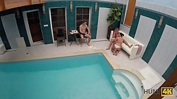 Curvy brunette babe is cheating on her boyfriend with a rich guy, while by the pool