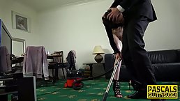 Sassy teen babe and a horny, elderly man are having a brutal sex action, in the living room