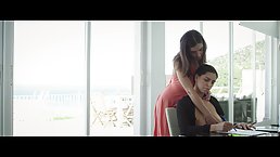 Sexy brunette is having a lesbian experience at work and enjoying every single second of it