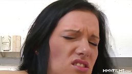 Kinky brunette lady boss is eagerly sucking a horny man’s fat dick, like a pro