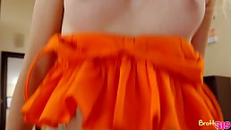 Blue eyed blonde is giving a blowjob to her step- brother, before riding his cock