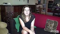 Virginie is kneeling on the floor and sucking cocks before getting fucked by many guys