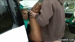Slutty German blonde is kneeling on the floor and sucking a hard meat stick, before getting banged