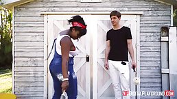 Voluptuous, black woman is offering her big tits and wet pussy to her skinny, white neighbor
