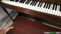 Ginger teen with big, black glasses, Kadence Marie gave a great blowjob to her piano teacher
