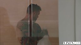 Smashing blonde woman is getting hammered in the middle of the day, in the gym