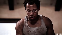 A black guy with glasses is licking a hot, blonde girl’s soft pussy like never before