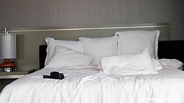 Pretty white brunette is sucking her first, black dick in a hotel room, and enjoying it