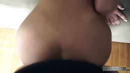 Latin teen brunette with a ponytail is sucking a big, hard cock like a pro whore
